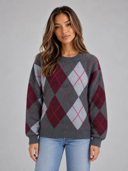 Women’s Argyle Pattern Knit Jumper – Crew Neck Long Sleeve Sweater — gallery_01.webp