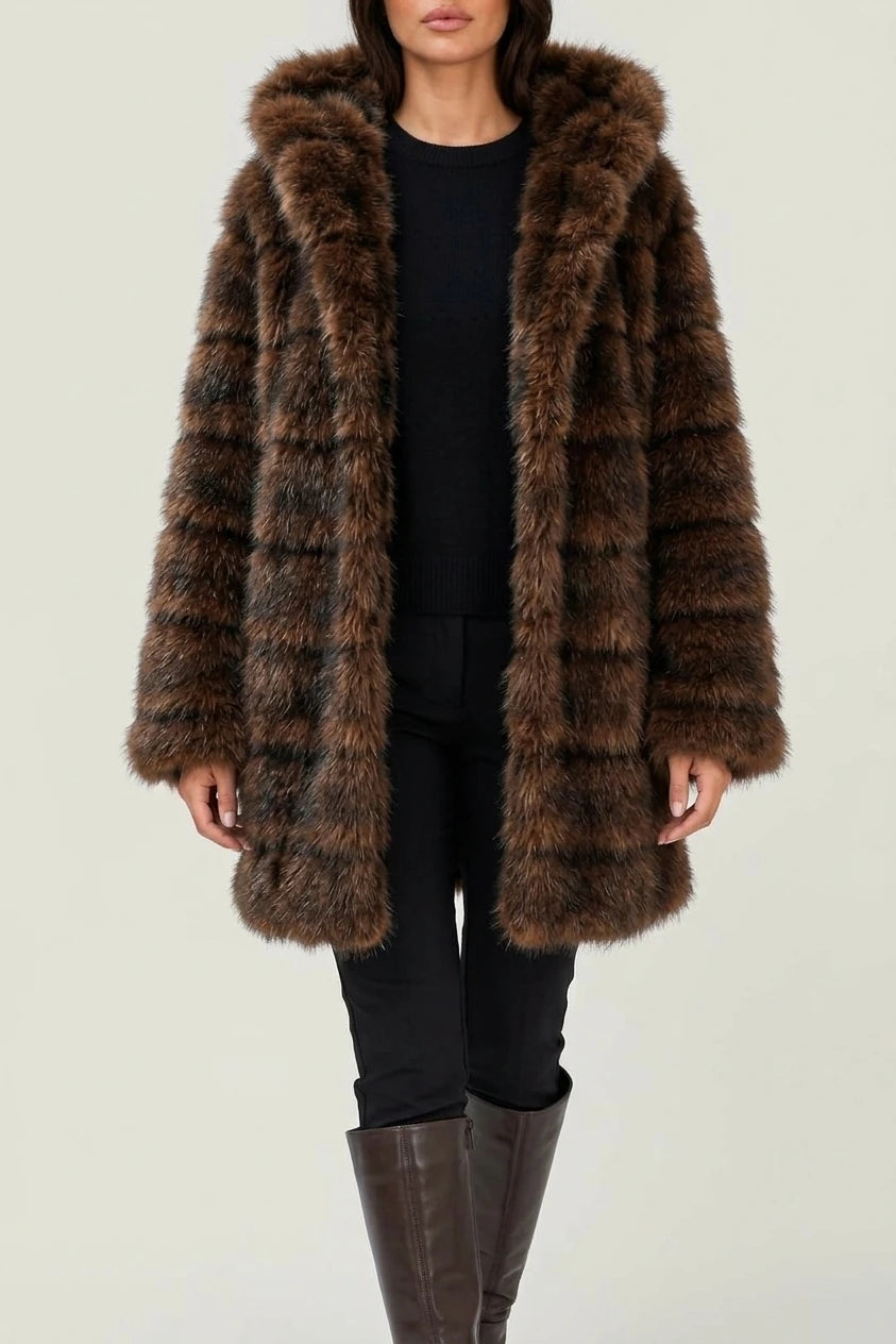 Women’s Hooded Faux Fur Coat – Plush Panelled Winter Jacket — variant_front