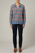 Knitted Blouse With Check Pattern Button-Up Collar Knit Top