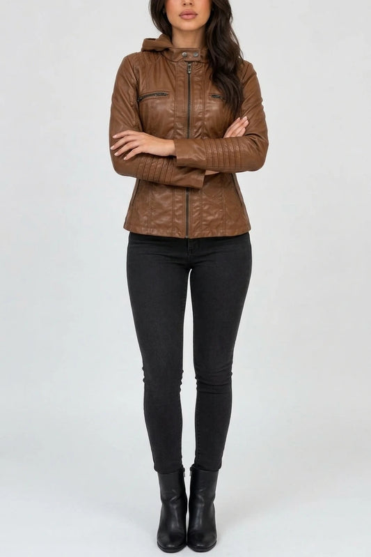 Women’s Hooded Leather Biker Jacket – Fitted Zip-Up Coat — variant_front