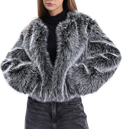 Women's Cropped Faux Fur Jacket with Voluminous Sleeves — variant_front