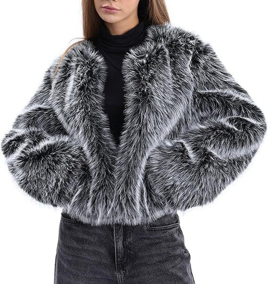 Women's Cropped Faux Fur Jacket with Voluminous Sleeves — variant_front