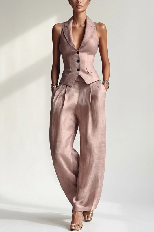 Elegant Linen Waistcoat and Wide Leg Trouser Two Piece Set — variant_front