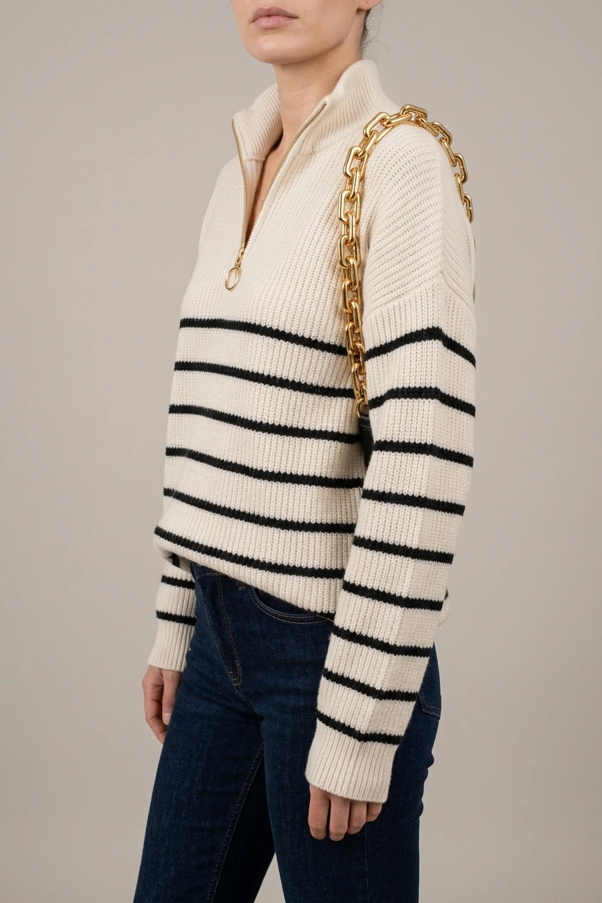 Women's Striped Ribbed Jumper with Zip Neckline — variant_front