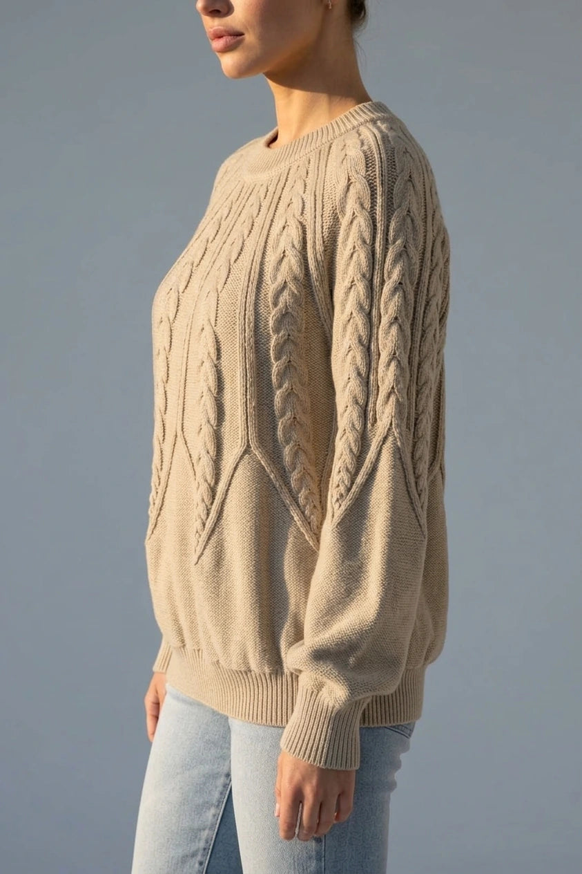 Women’s Cable Knit Jumper – Crew Neck Long Sleeve Knitted Sweater — variant_front