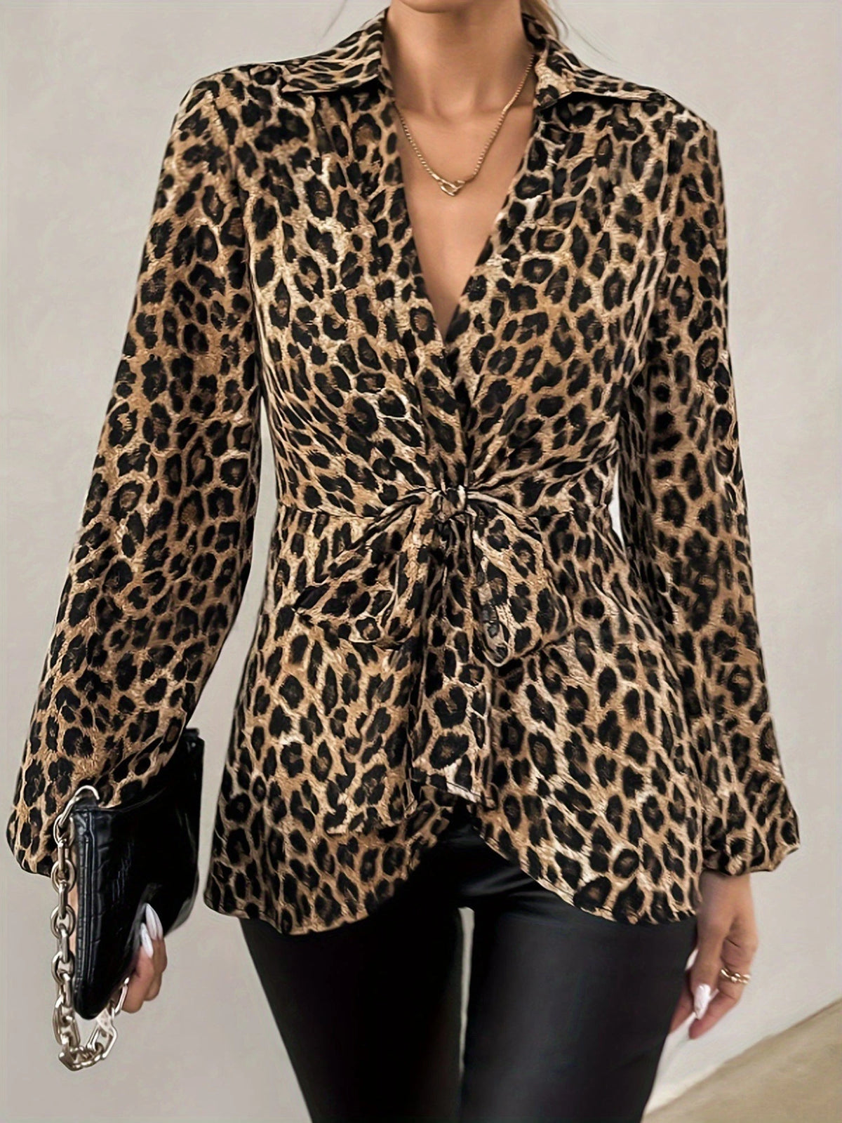Leopard Print Wrap Blouse with Tie Waist Office to Evening Long Sleeves Top — gallery_04.webp