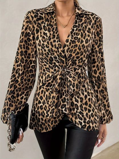 Leopard Print Wrap Blouse with Tie Waist Office to Evening Long Sleeves Top — gallery_04.webp