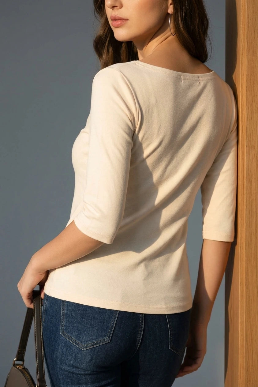 Casual Boat Neck 3/4 Sleeve T-shirt, Fitted Everyday Top — variant_front