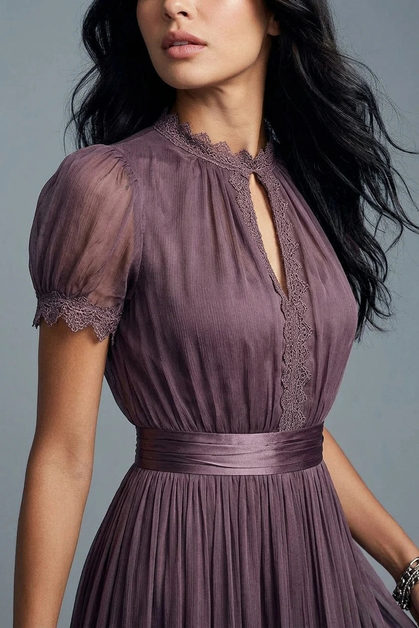 Elegant Mauve Chiffon Maxi Dress with Lace Trim and Satin Waist Belt — variant_front