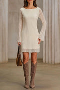Lace Bell Sleeve Mini Dress With Sheer Sleeves And Boat Neck