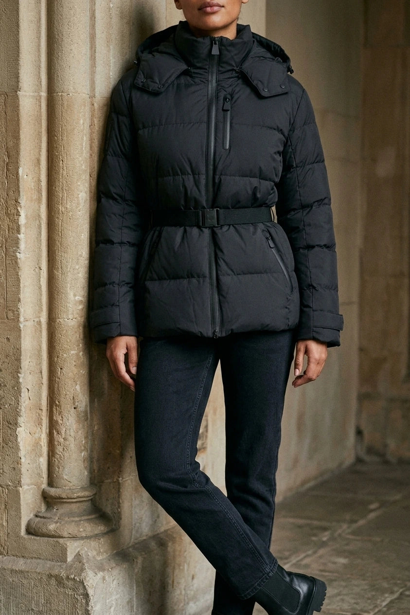 Women’s Belted Hooded Puffer Jacket – Warm Padded Winter Coat — variant_front