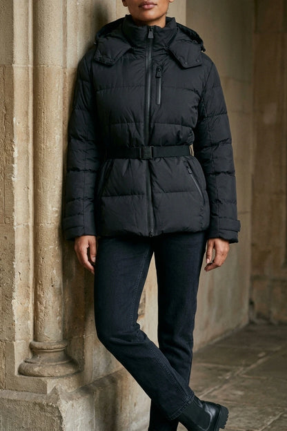 Women’s Belted Hooded Puffer Jacket – Warm Padded Winter Coat — variant_front