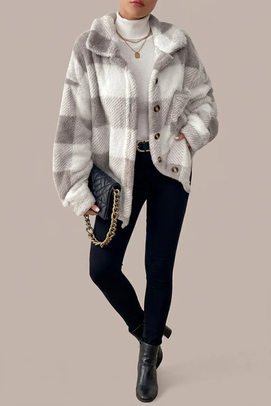 [Elegant Plaid Jacket] Elegant Casual Plaid Plush Button-Front Jacket, Suitable for Daily Wear in Autumn And Winter — variant_front