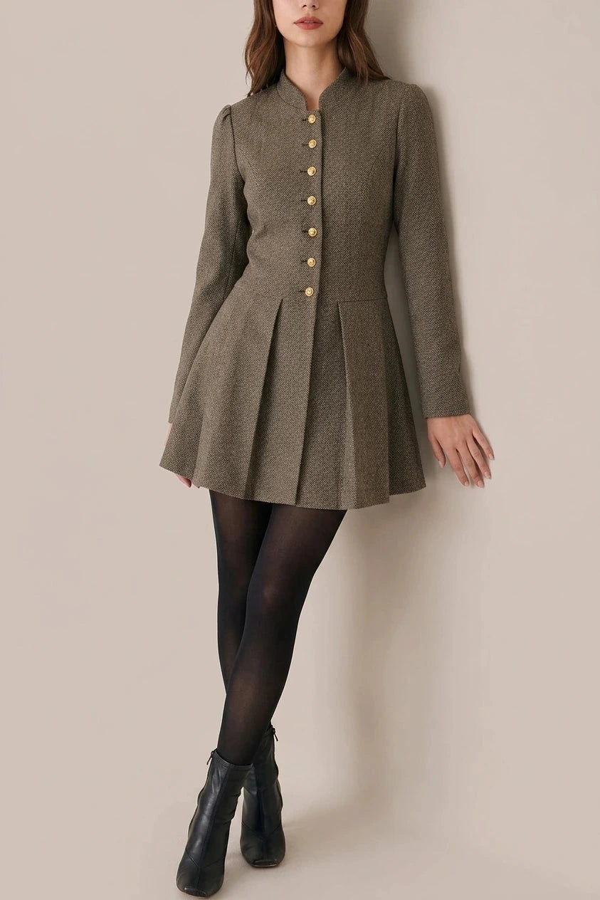 Button Pleated Mini Dress With Gold Button Detail Long Sleeve Fitted Waist