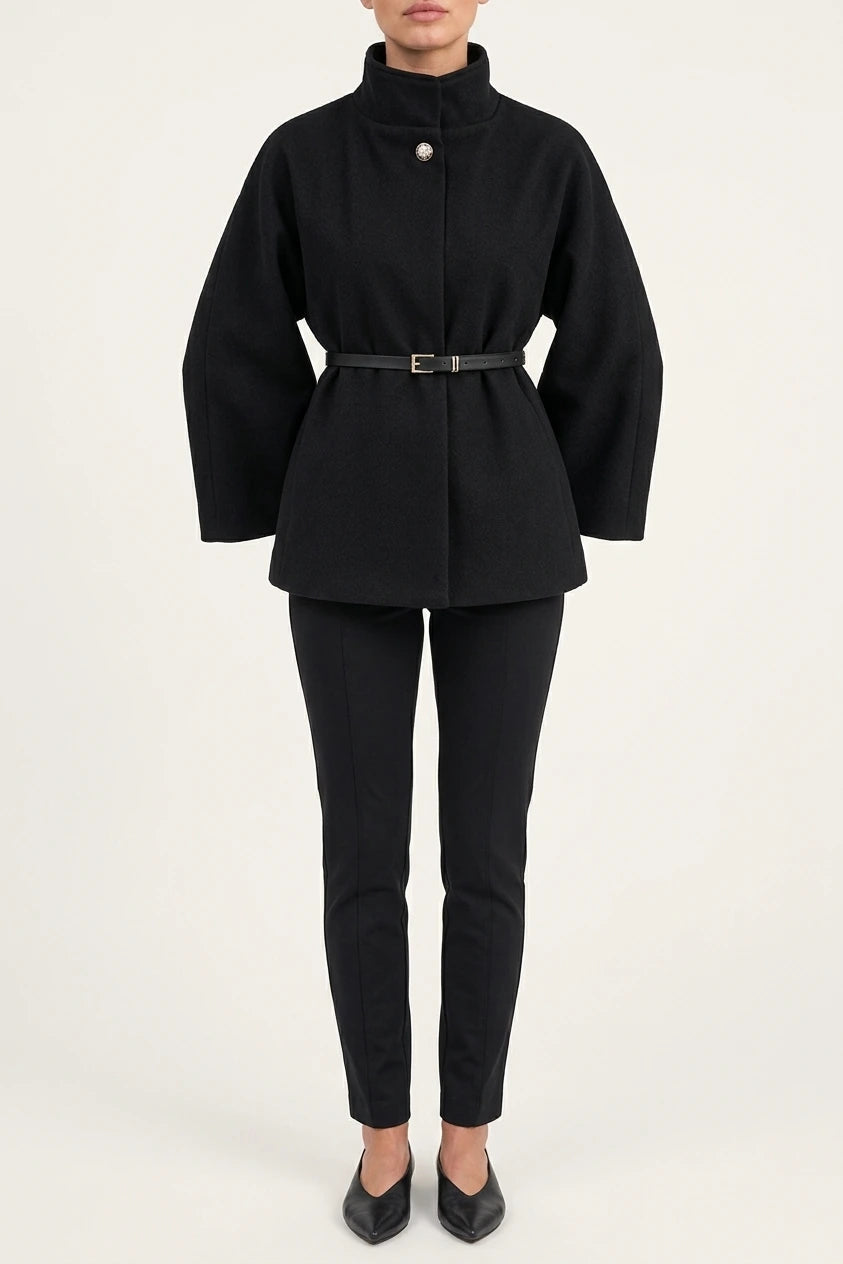 Women’s Belted Cape Jacket – High Neck Flared Sleeve Coat — variant_front