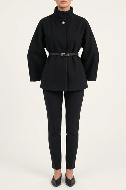 Women’s Belted Cape Jacket – High Neck Flared Sleeve Coat — variant_front