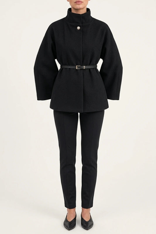 Women’s Belted Cape Jacket – High Neck Flared Sleeve Coat — variant_front