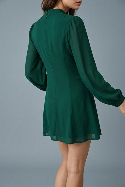 Stand Collar Mini Dress With Sheer Bishop Sleeves And Side Slit