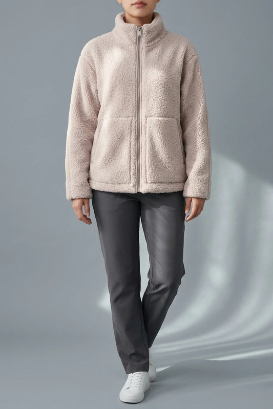 Women's Teddy Zip-Up Jacket with High Collar Regular Fit — variant_front