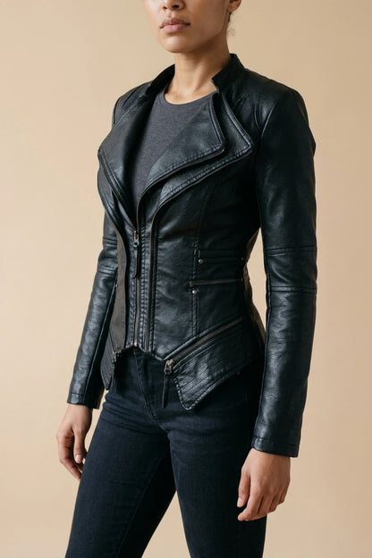 Drune | Damen Schwarze Asymmetrische PU-Leder Bikerjacke — variant_front