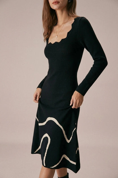 Wave Scalloped Sweater Midi Dress, Scalloped Neck Knit, Long Sleeve