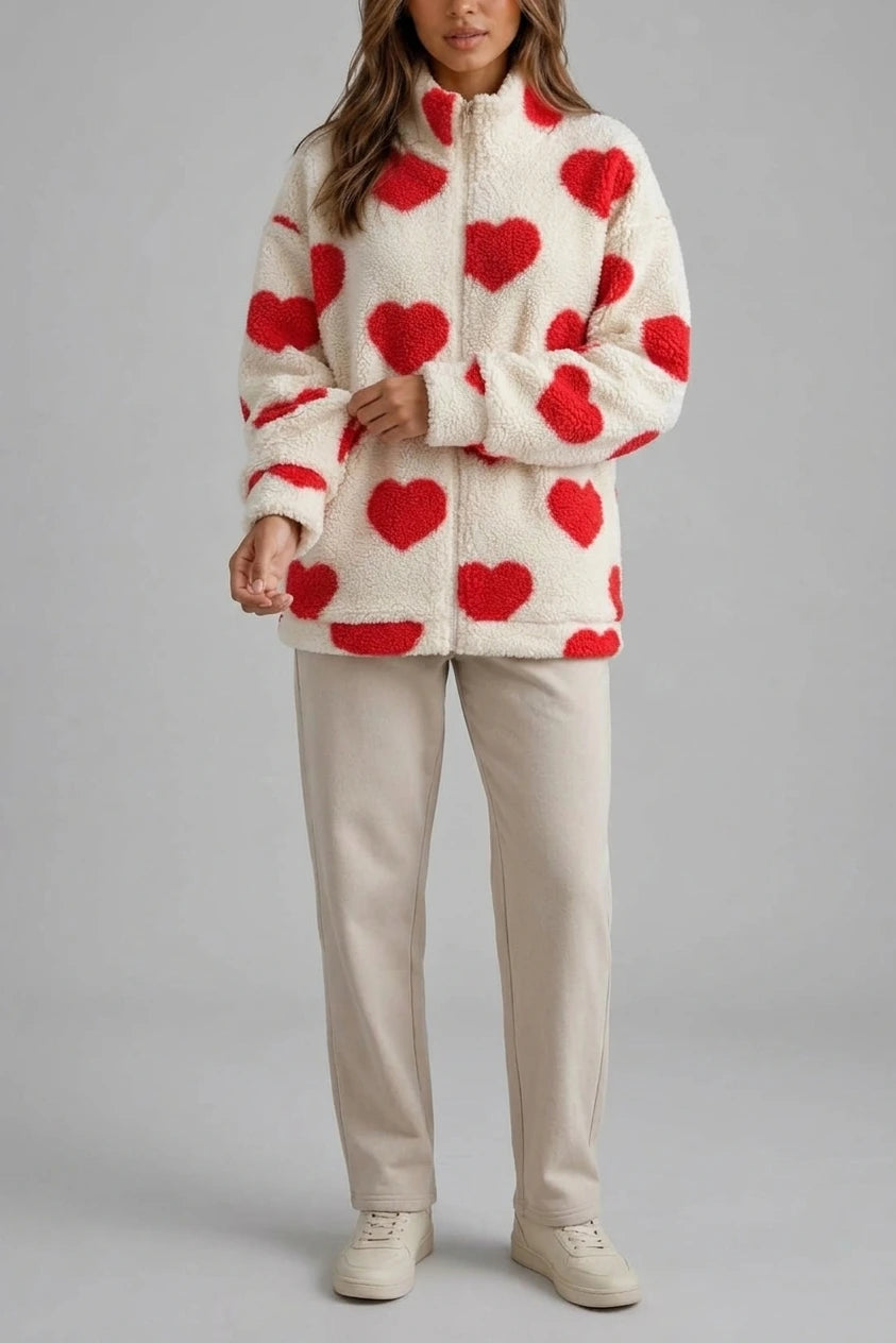 Women’s Heart Print Teddy Fleece Jacket – Zip Up Relaxed Fit Sherpa — variant_front