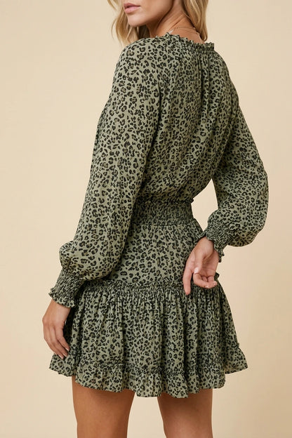 Leopard Print Mini Dress - V-Neck with Smocked Bodice & Ruffled Tiered Skirt — variant_front