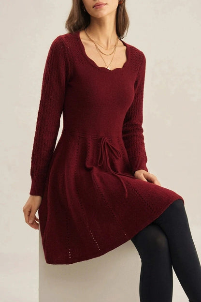 Wine Red A-Line Sweater Dress With Scallop Neck, Long Sleeve, Tie Waist