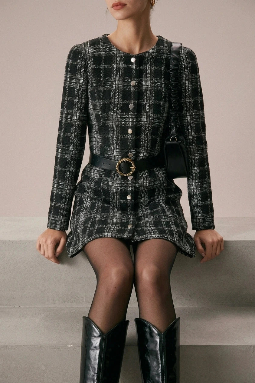 Crew Neck Plaid A-Line Mini Dress With Button Front And Long Sleeves
