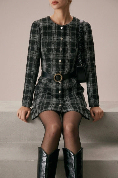 Crew Neck Plaid A-Line Mini Dress With Button Front And Long Sleeves
