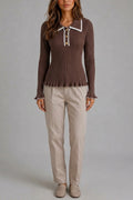 Women's Ribbed Knit Polo Jumper - Long Sleeve Fitted Top