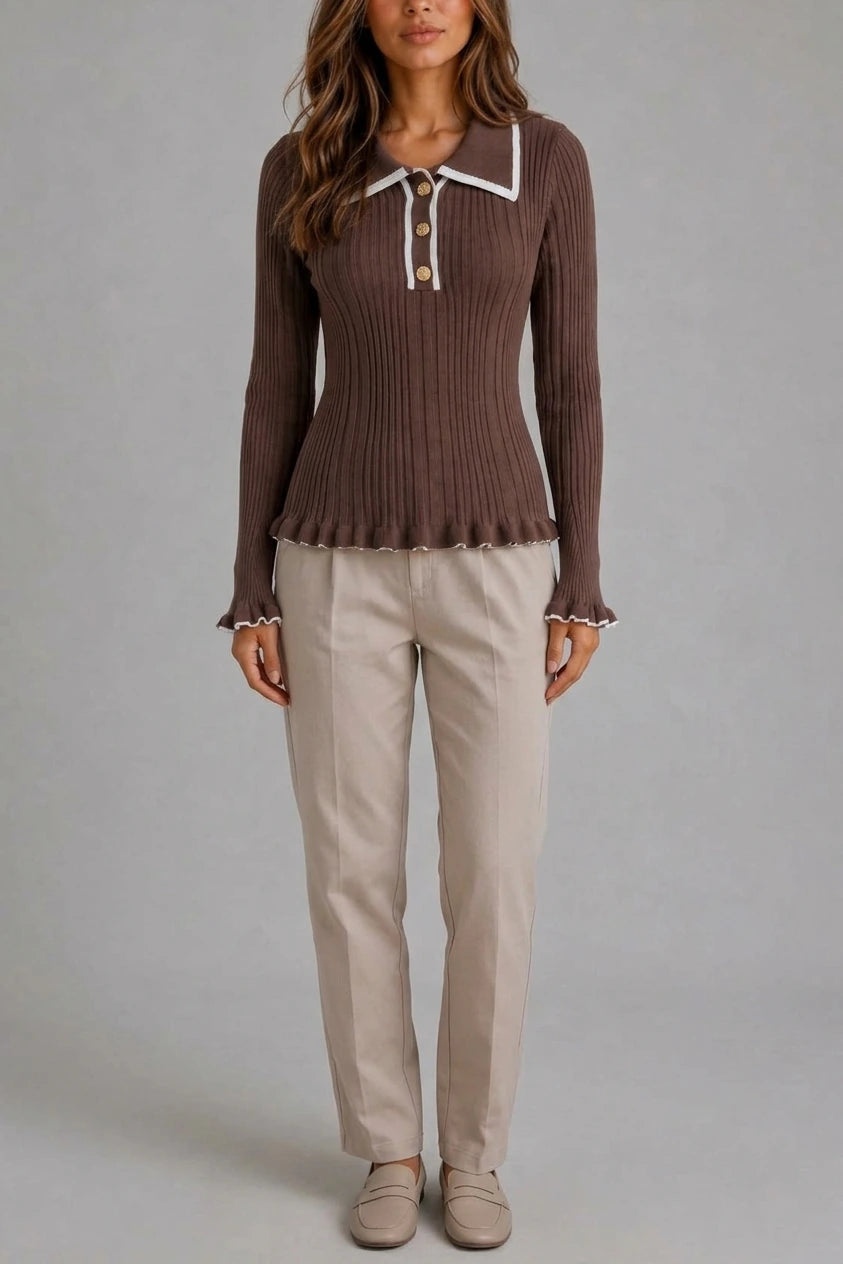 Women’s Ribbed Knit Polo Jumper – Long Sleeve Fitted Top — variant_front