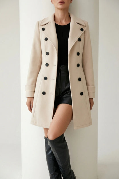 Notched Lapel Buttoned Decor Open Front Coat — variant_front