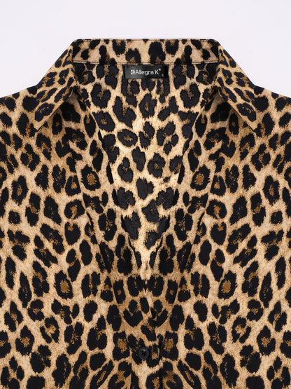 Leopard Print Wrap Blouse with Tie Waist Office to Evening Long Sleeves Top — gallery_06.webp