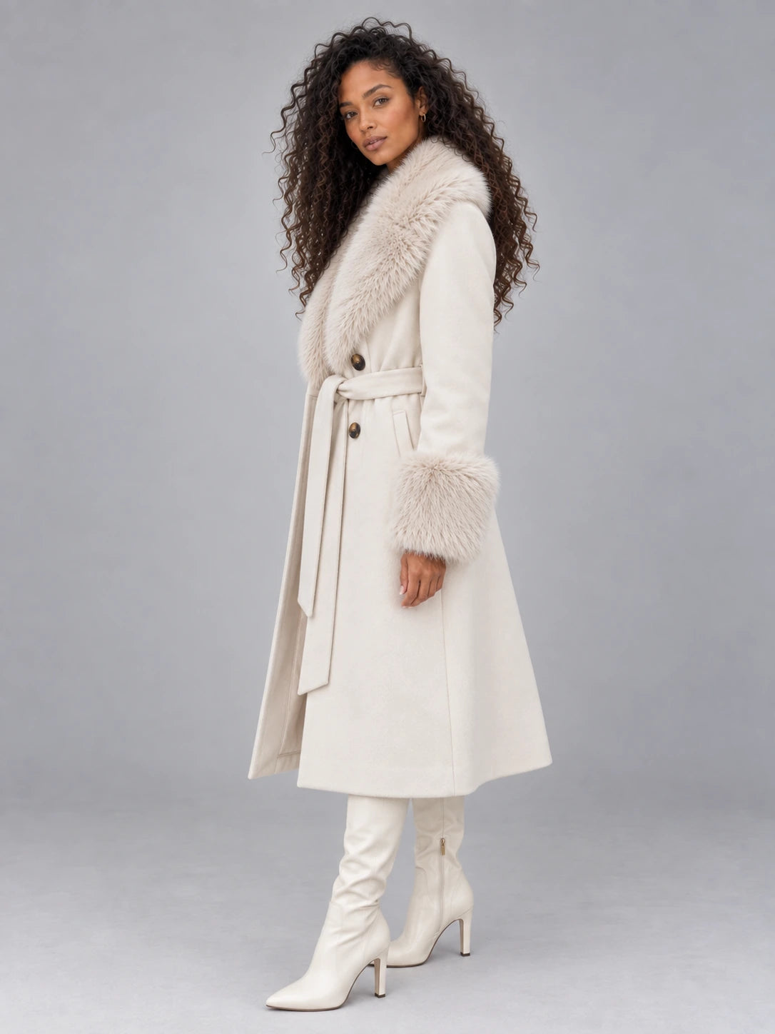 Women’s Faux Fur Collar Coat – Belted Double Breasted Long Winter Coat — gallery_03.webp