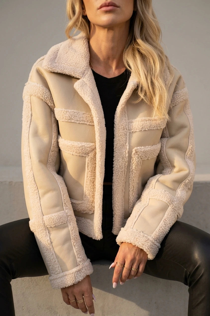 Women's Faux Shearling Aviator Jacket with Notch Collar — variant_front