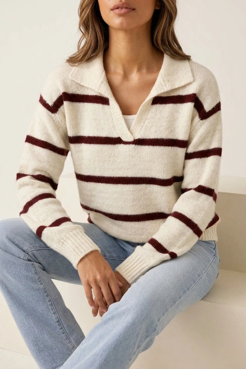 Women's Wool Striped Jumper, Collared V-Neck Long Sleeve Knit — variant_front