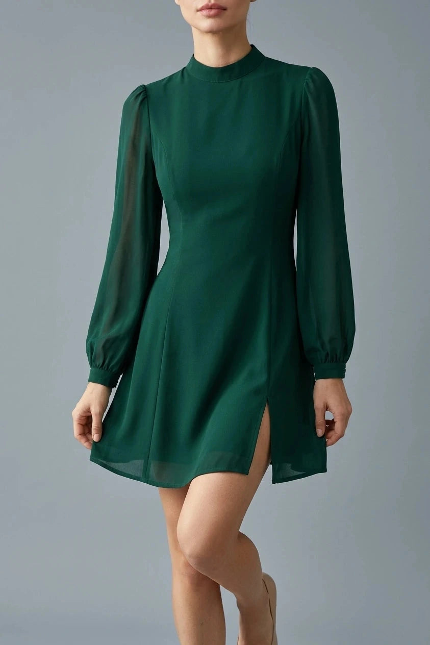 Stand Collar Mini Dress With Sheer Bishop Sleeves And Side Slit