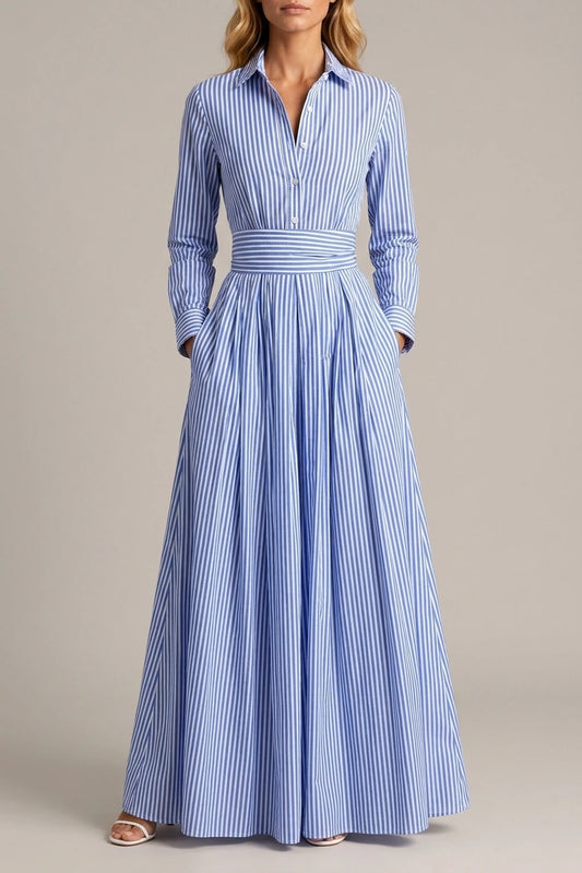 Women’s Cotton Striped Shirt Maxi Dress – Cinched Waist Flowing Style — variant_front