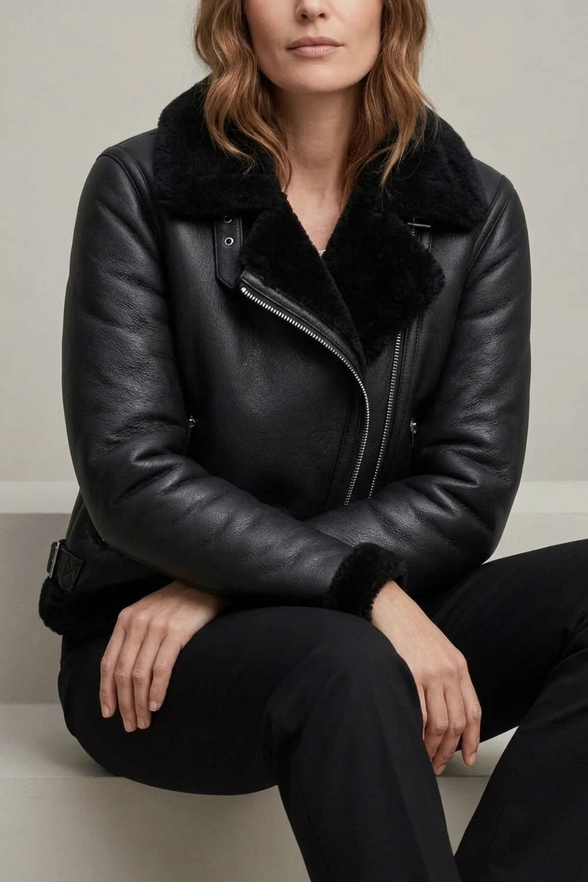 Noirellé – Asymmetric zip – Shearling biker jacket — variant_front
