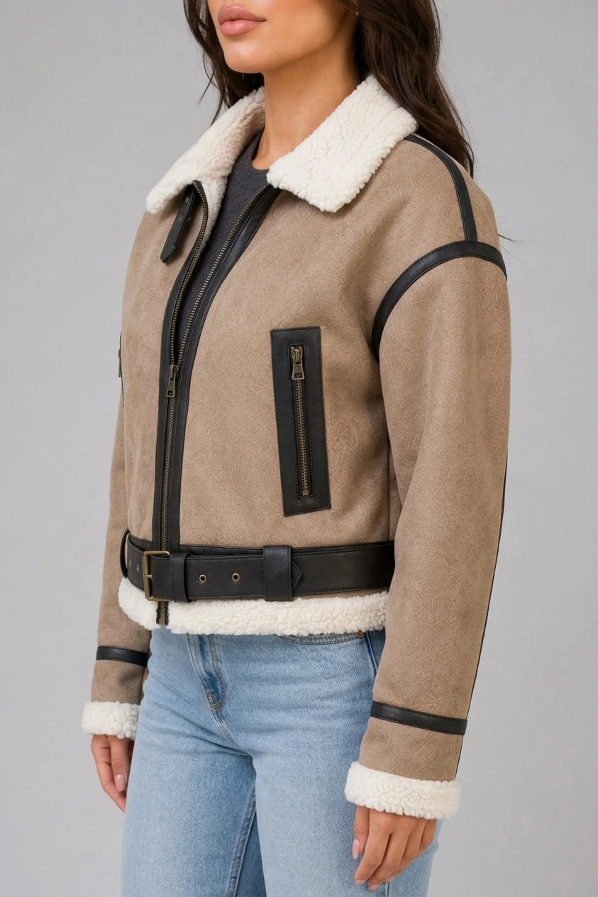 Women's Suede Look Cropped Aviator Jacket – Teddy Lined Biker Coat — variant_front