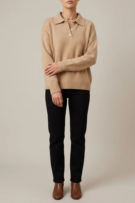[ASD1] Women'S Elegant Casual Cute Sexy Lapel Solid Color Polo Neck Button Soft Warm Long Sleeve Sweater Pullover Basic Style Sweater — variant_front
