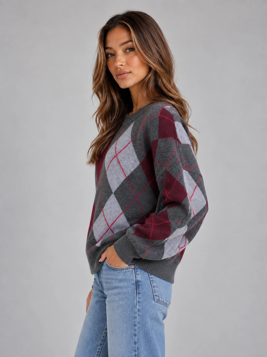 Women’s Argyle Pattern Knit Jumper – Crew Neck Long Sleeve Sweater — gallery_02.webp
