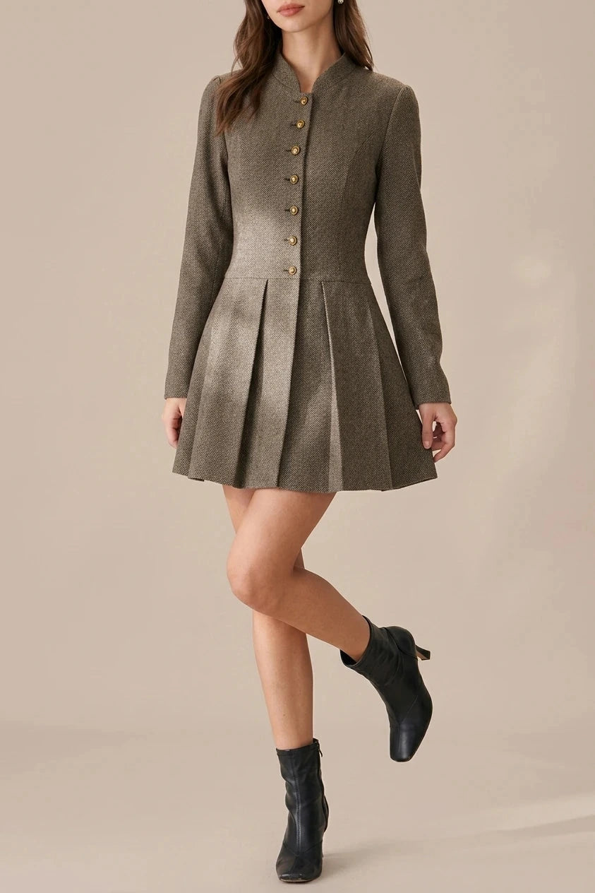 Button Pleated Mini Dress With Gold Button Detail Long Sleeve Fitted Waist