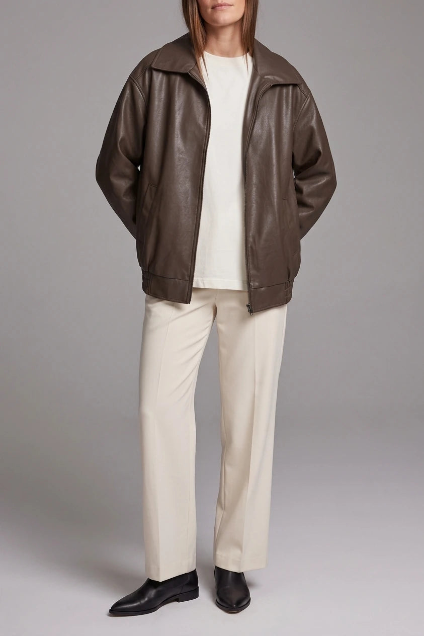 Brown Faux Leather Oversized Bomber Jacket — variant_front