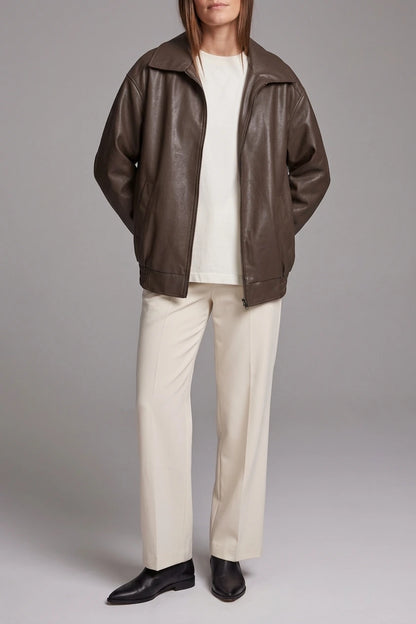 Brown Faux Leather Oversized Bomber Jacket — variant_front