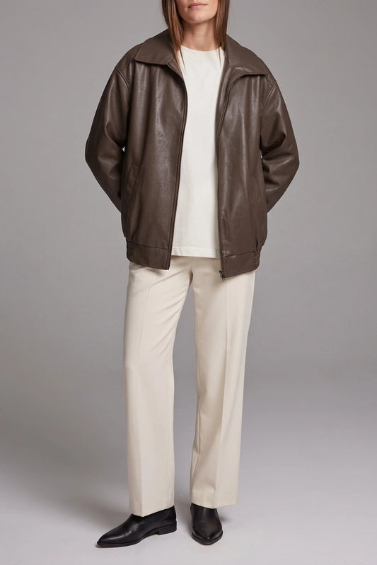 Brown Faux Leather Oversized Bomber Jacket — variant_front