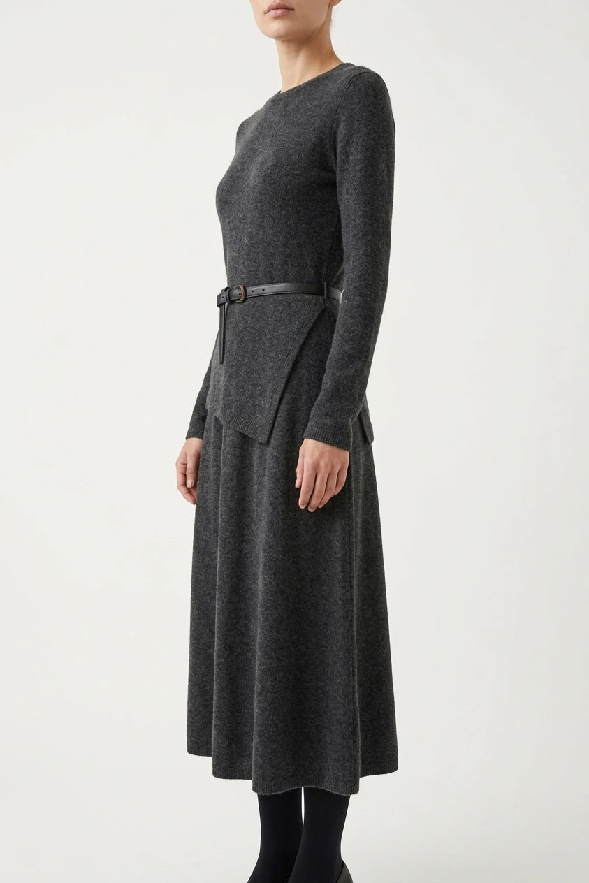 Women's Belted Asymmetric Knit Midi Dress Long Sleeve — variant_front