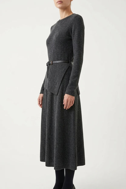 Women's Belted Asymmetric Knit Midi Dress Long Sleeve — variant_front