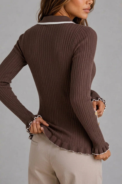 Women’s Ribbed Knit Polo Jumper – Long Sleeve Fitted Top — variant_front